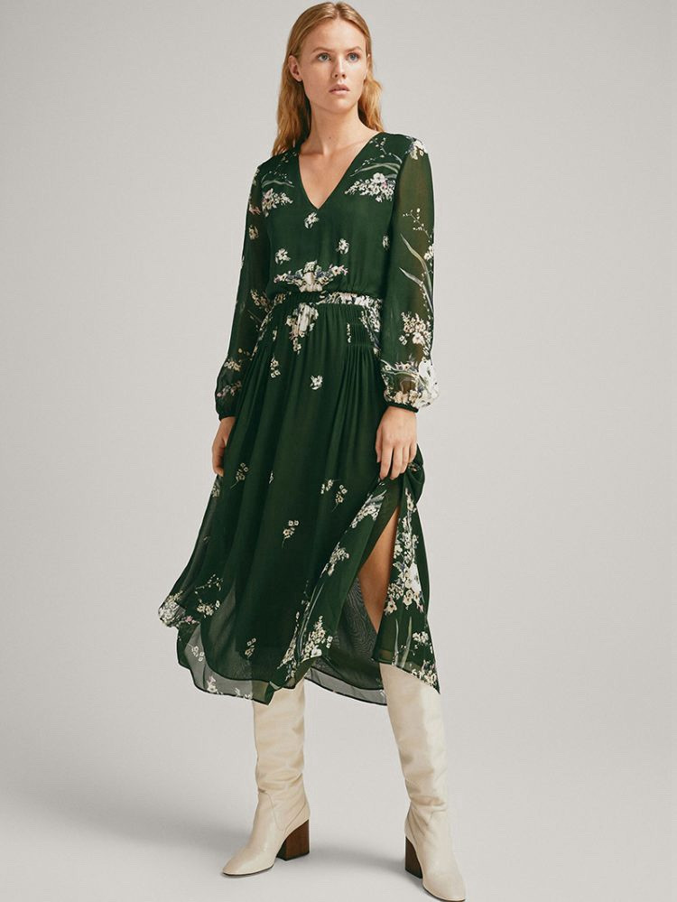 massimo dutti green floral dress Massimo Dutti Long Green Floral Dress Size 10 S M