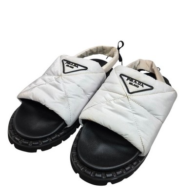 PRADA Triangle-Logo Padded Chunky Sandals w/Heel Straps Size 41