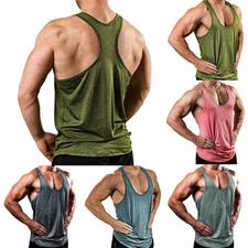 Mens Plain Gym Singlets Bodybuilding Tank Top Gym Stringer Y-Back Muscle Vest  L