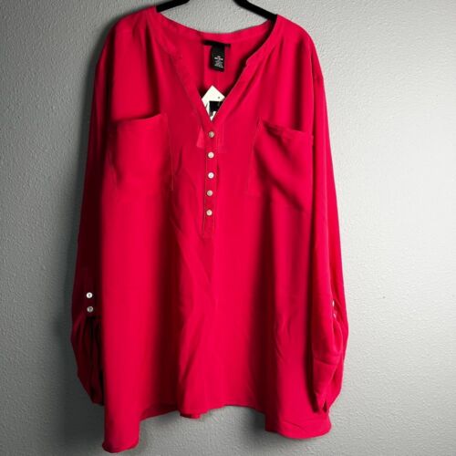Maggie Barnes Red Button-Up Blouse Long Sleeve V-Neck Professional Size Top 4X