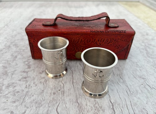 Vintage Brass Anchor Shot Glass with Leather Case Nautical Themed Shot Glass Set - Picture 3 of 6