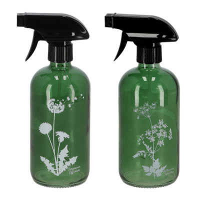 Esschert Design 2er-Set Sprühflaschen aus grünem Glas, 0,5 l   Wildflower-Motiv