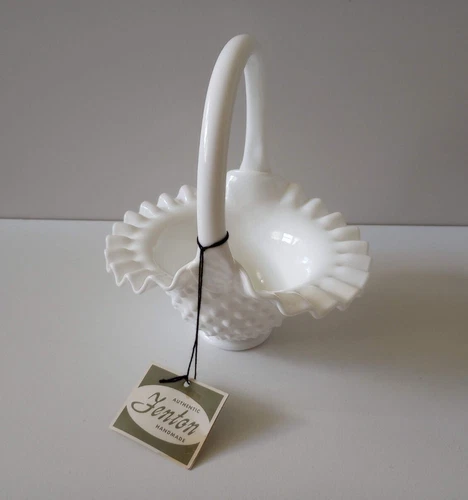 Vintage Fenton Hobnail Milk Glass Basket Large Ruffled Art Glass & Original Tag