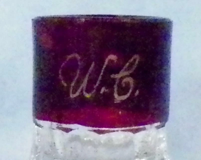 Antique Ruby Stain Mug Shot Glass Penny Candy Scoop EAPG Initials W C Souvenir - Image 3 of 4