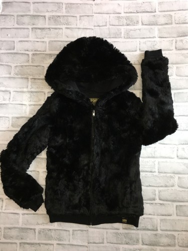 VICTORIA'S SECRET PINK FAUX FUR ZIP HOODIE FASHION SHOW XS JACKET BLACK LOVE - Picture 2 of 7