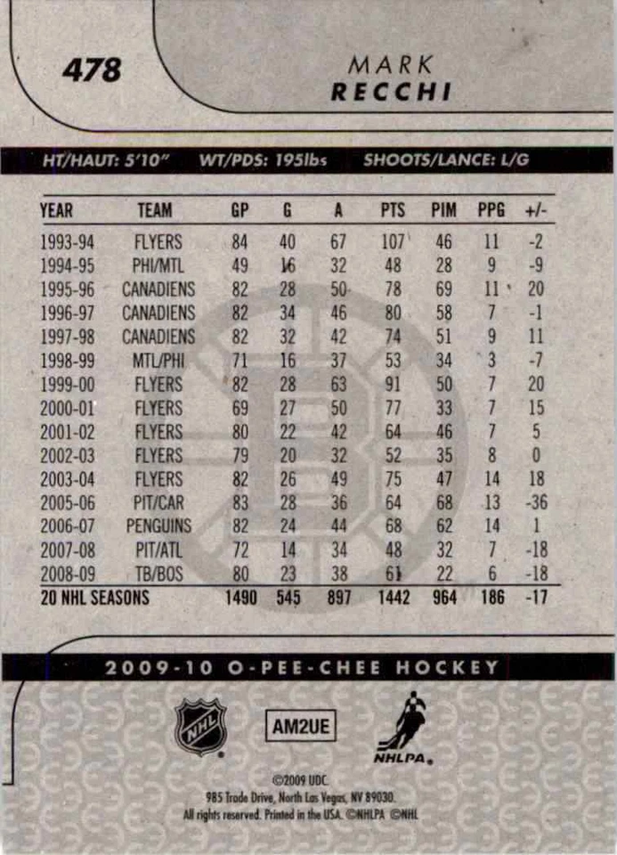 2009-10 O-Pee-Chee Mark Recchi #478 - Image 2 of 2