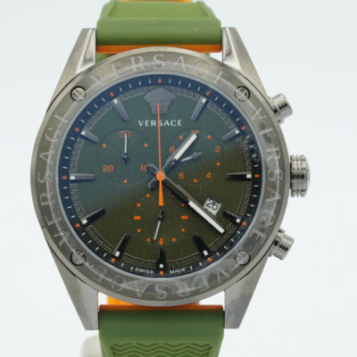 Versace Vebh Quartz Chrono Herren Uhr 44Mm Stahl Mit Leder Band Neuwertig