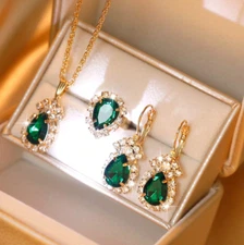 Women Gold Plated Drop Pendant Necklace 18” Earrings Set Lab-Created GemStone