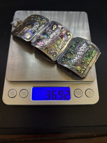 Sterling & Abalone Bracelet 5 Wide Panel Aztec Figures Mexico 925 MBR ? Artisan - Picture 9 of 11
