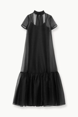Womens Black Organza Maxi Dress with Ruffle Hem - Sheer Elegant Evening  Dress | eBay