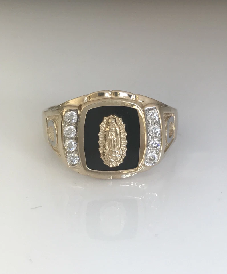 Мужское кольцо из чистого желтого золота 14 карат с ониксом и фианитом Virgin Mary Bold Guadalupe - Изображение 3 из 4