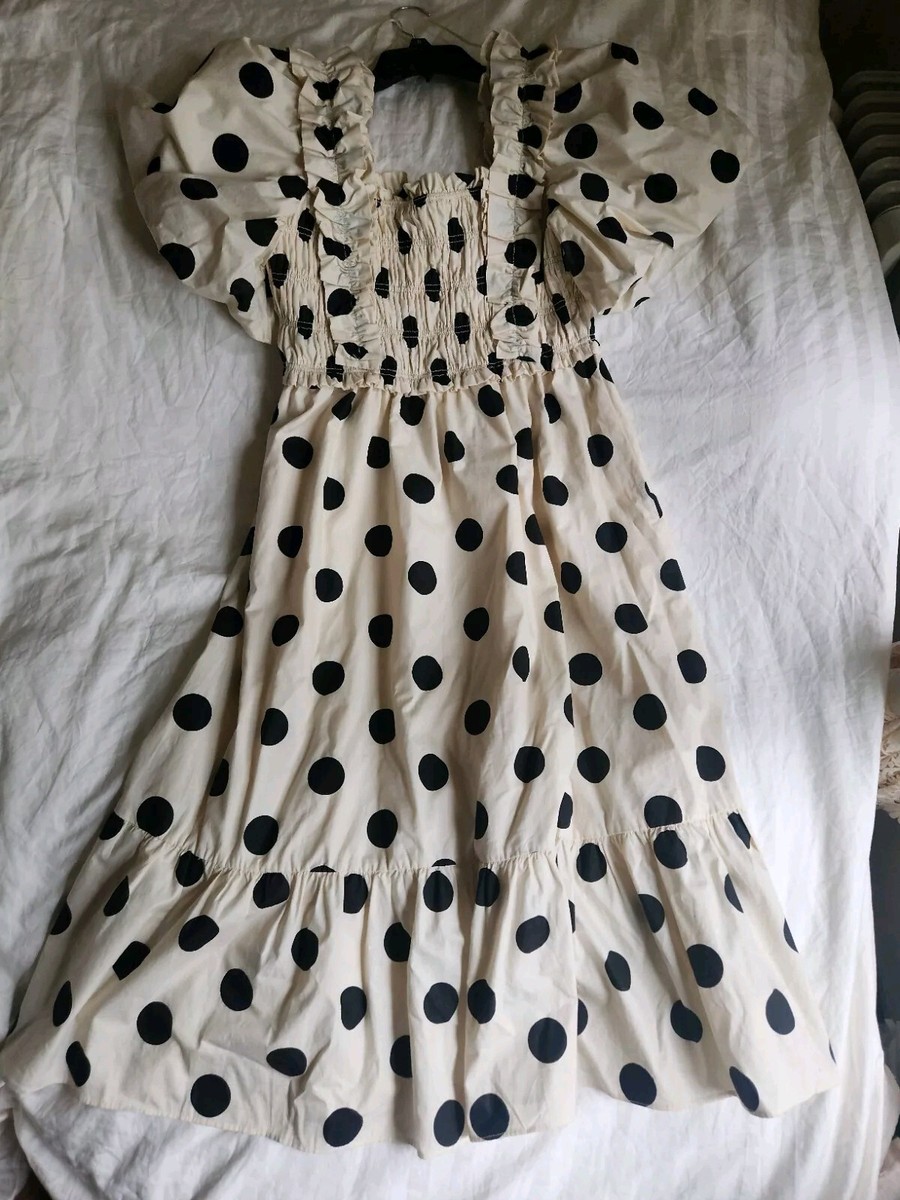 【タグ付新品】RUFFLE SHOULDER DOTSDRESS Womens Dress Casual Dot Puff Sleeve Ruffle Shirred Dress