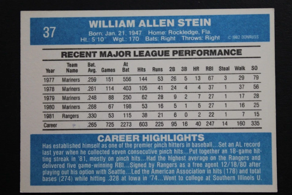 Bill Stein Texas Rangers Autographed Baseball Card Signed 1982 Donruss #37 - Image 2 of 3