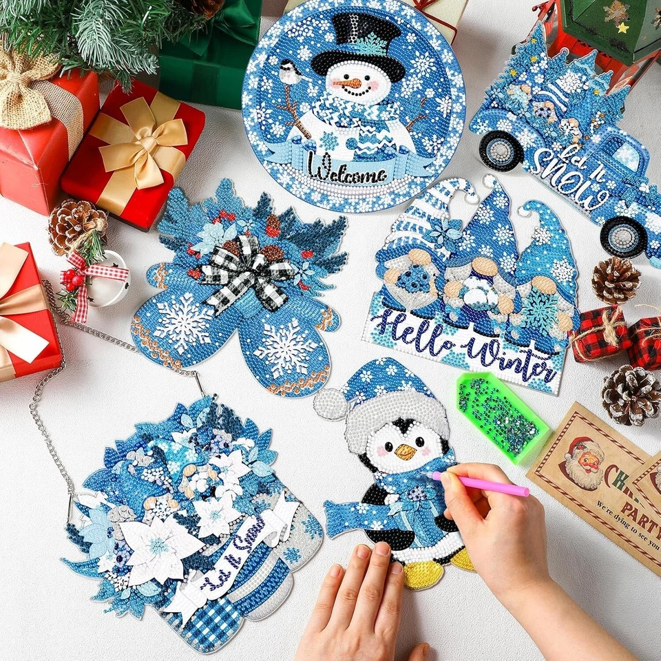 Juego de 6 letreros colgantes de pintura de diamantes de invierno Zonon 5d muñeco de nieve diamante conjunto de arte Foto 3 de 4