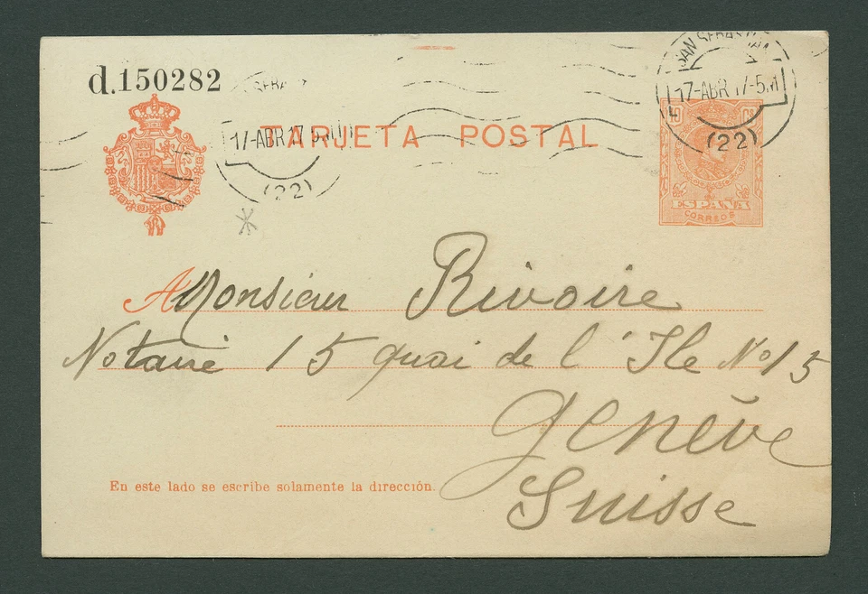 Spanien Espana 1917 Postkarte TARJETA POSTAL 10 Cs S. Sebastian to Swisse Geneve - Bild 1 von 2