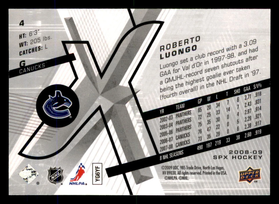 2008-09 SPx #4 Roberto Luongo Vancouver Canucks - Image 2 of 2