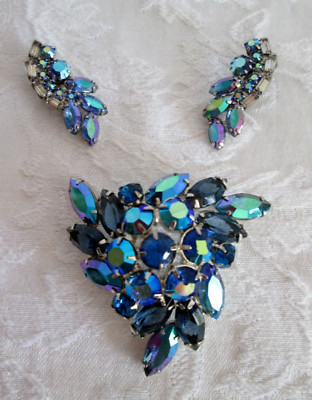 Large Juliana D & E Blue AB Rhinestone Silver Tone Triangle Brooch Earring Set