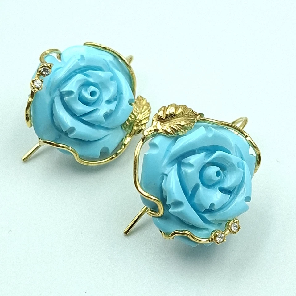 Orecchini da donna di Argento 925 Placato ORO GIALLO Pasta Di Turchese pendenti - Immagine 3 di 4