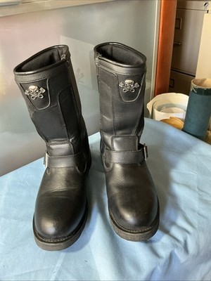 Vintage Xelement Black Leather/ Canvas Skull Motorcycle Boots Men 9 