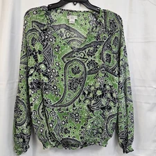 LIZ CLAIBORNE BLUE AND GREEN PAISLEY PRINT LONG-SLEEVE BLOUSE SIZE PETITE LARGE
