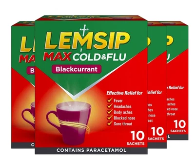 Lemsip Max Cold & Flu Relief Blackcurrant Sachets 10's - Pack of 4 (40 Sachets)
