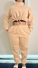 Women's Cropped Turtleneck Sweatshirt Jogger Set Size L Tan 2 Piece