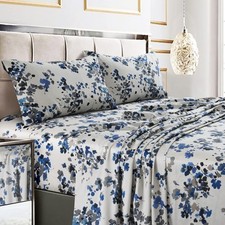 Queen Bed Sheet Set, 300 Thread Count Soft Cotton Sateen, Floral Print with E...