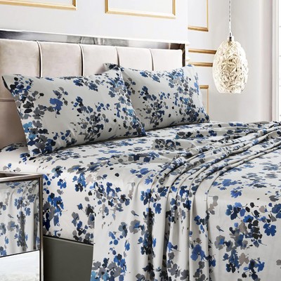 Queen Bed Sheet Set, 300 Thread Count Soft Cotton Sateen, Floral Print with E...