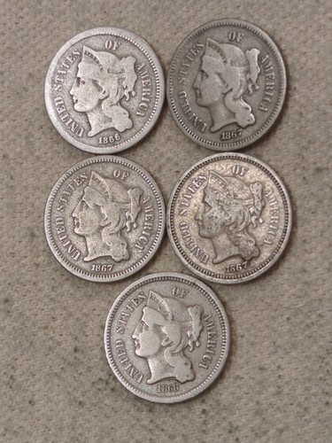 (5) Three Cent Nickels Not Silver 1866-1868 Circulated