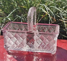 Vintage EAPG Glass Handled  Divided Basket Salt Cellar Or Sugar Packets 