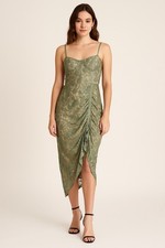 Cider Sage Floral Lace Slip Dress Sz XL Y2K Glam Mesh Ruched Cocktail Coquette