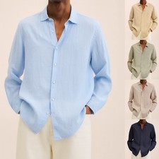 Mens Long Sleeve Fully Cotton Linen Shirt Casual Solid Button-up Dress Top