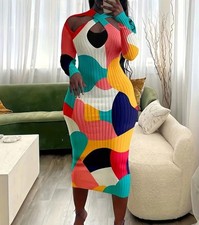 Women's Multicolor Geometric Ribbed Knit Bodycon Midi Dress Halter Cut Out