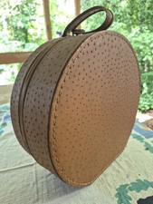 Vtg Round Train Case Hat Suitcase Faux Brown Ostrich Leather w/Mirror 1960s