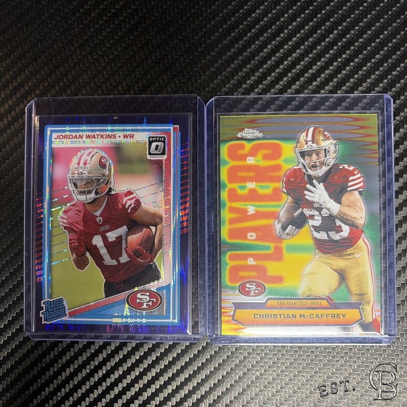2025 Donruss Optic Jordan Watkins Purple Shock RC & Christian McCaffrey 49ers