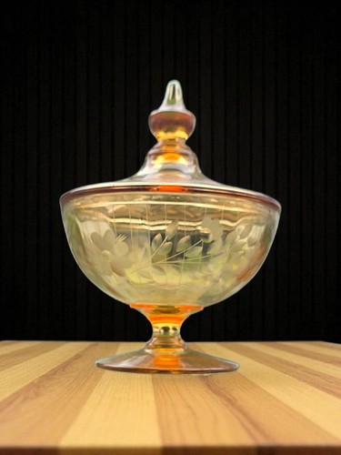 Fostoria Royal Amber Etched Depression Glass Pedestal Candy Dish with Lid #2250 - Picture 18 of 21