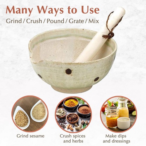 TIKUSAN Japanese Ceramic Ripple Ridge Mortar & Pestle Suribachi Bowl and Suri... - Picture 3 of 9