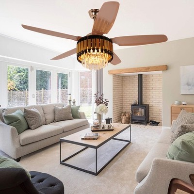 Modern Gold Crystal Chandelier 3-Color Led, 46'' Remote 6-Speeds Ceiling Fan Lamp