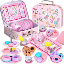 Tea Set Girls Toys 36Pcs, Tin Unicorn Tea Party Set Toy Pretend Play Gifts for L
