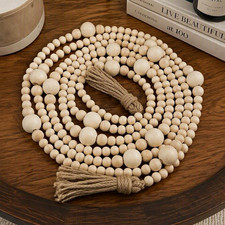 11ft Wood Bead Garland with Jute Tassels, Beige Rustic Home Decor