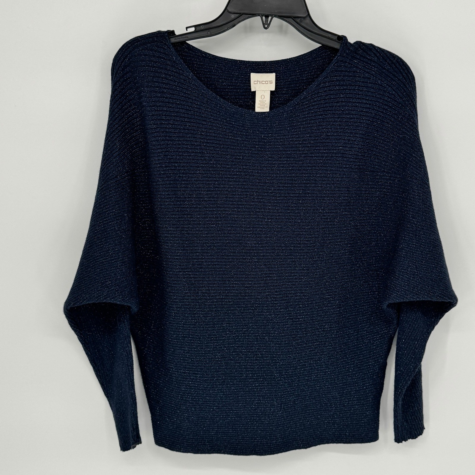 Chicos Navy Blue Metallic Ribbed Dolman Sleeve V Neck Sweater Top Size 0 (Small)