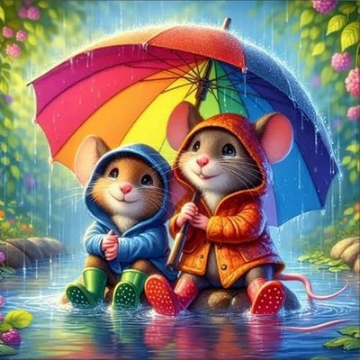  5D Full Drill Adorable Mice Diamond Painting - Rainbow Umbrella, Rainy Scene 