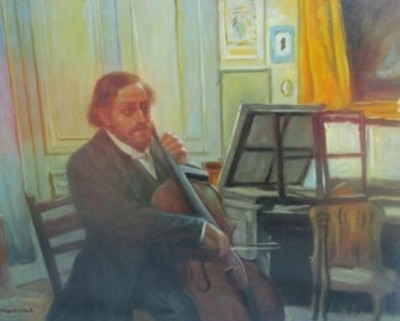 Vintage Oil Painting On Board Of Cellist Appears To Be Signed ''Martine*