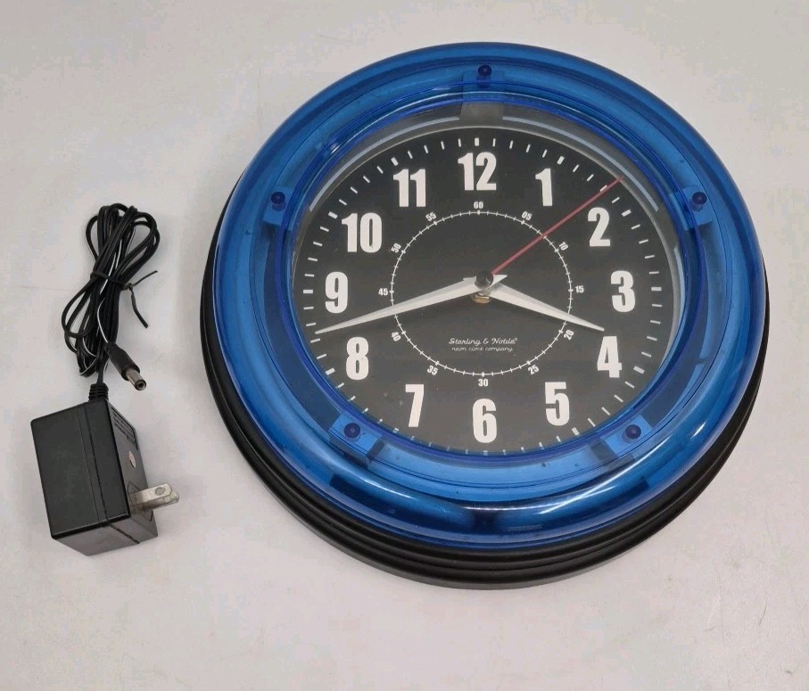 Sterling & Noble 11” Blue Neon Wall Clock Quartz Modern Retro Electric
