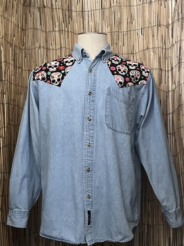 Port And Company Mens LS Button Up Denim Shirt-Medium-100% Cotton-Dia de Muerta