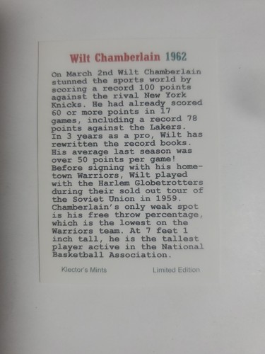 1992-94 Klector Cab Cards Wilt CHAMBERLAIN HOF 1962 PHILADELPHIA WARRIORS - Picture 2 of 2