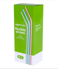 Amazon Basics Disposable Striped Plastic Flex Straws, 7.5" Long, Assorted Colors