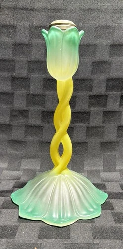 Glass Candlestick Holder. Tulip Shaped Frosted Green And Yellow Possibly Fenton