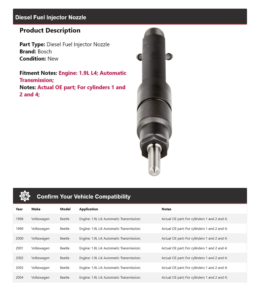 Boquilla inyectora de combustible diésel Bosch 1999 para Volkswagen Beetle 1998-2004 1,9 L L4 Foto 2 de 4