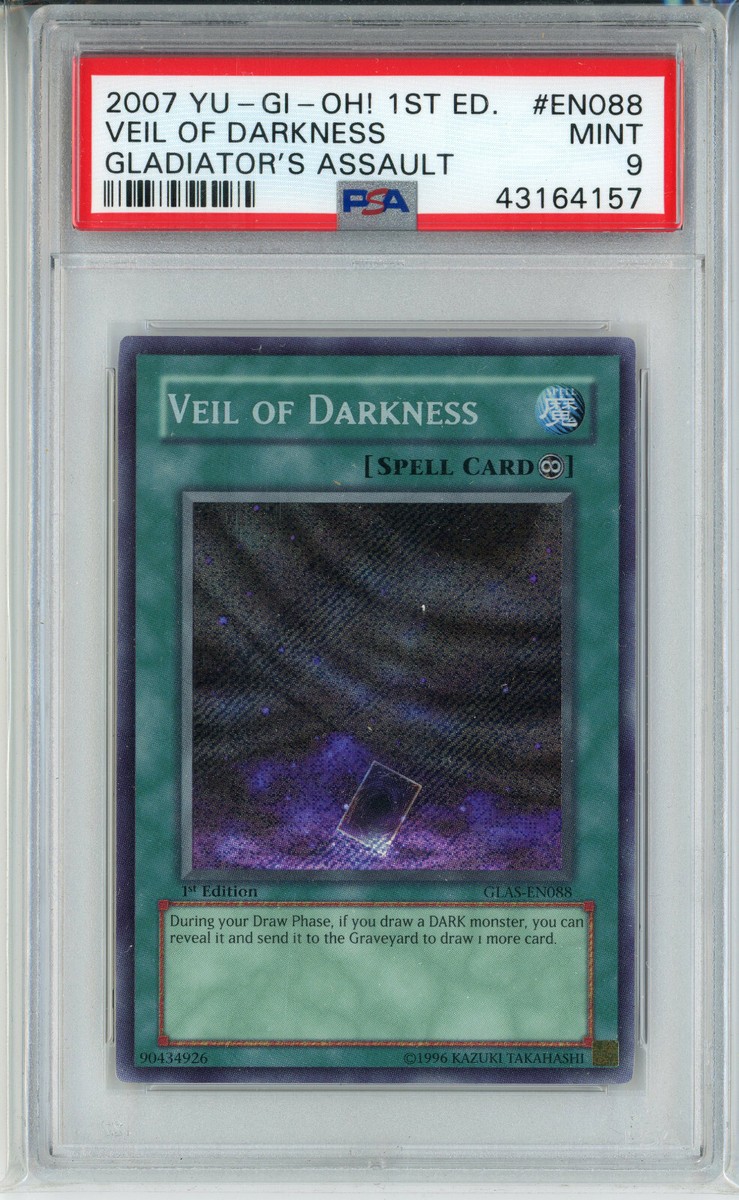 YUGIOH 1ST ED GLAS-EN088 VEIL OF DARKNESS SECRET RARE HOLO PSA 9